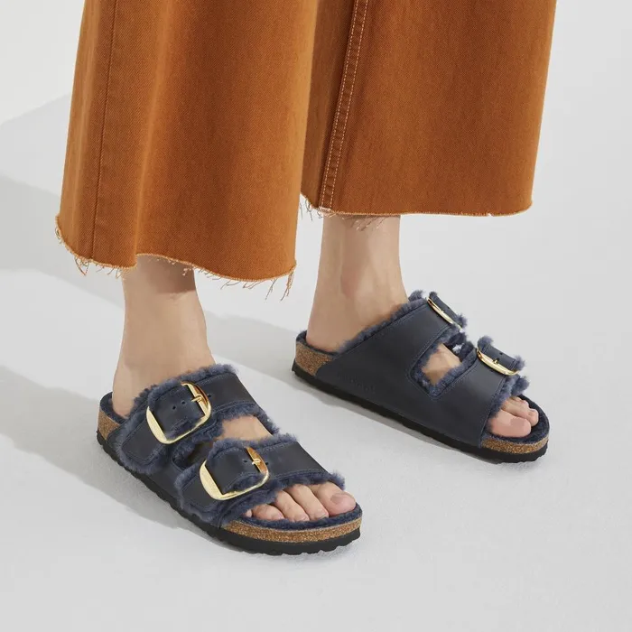 Women Birkenstock TwoStrap Arizona Big Buckle Shearling Midnight Blue