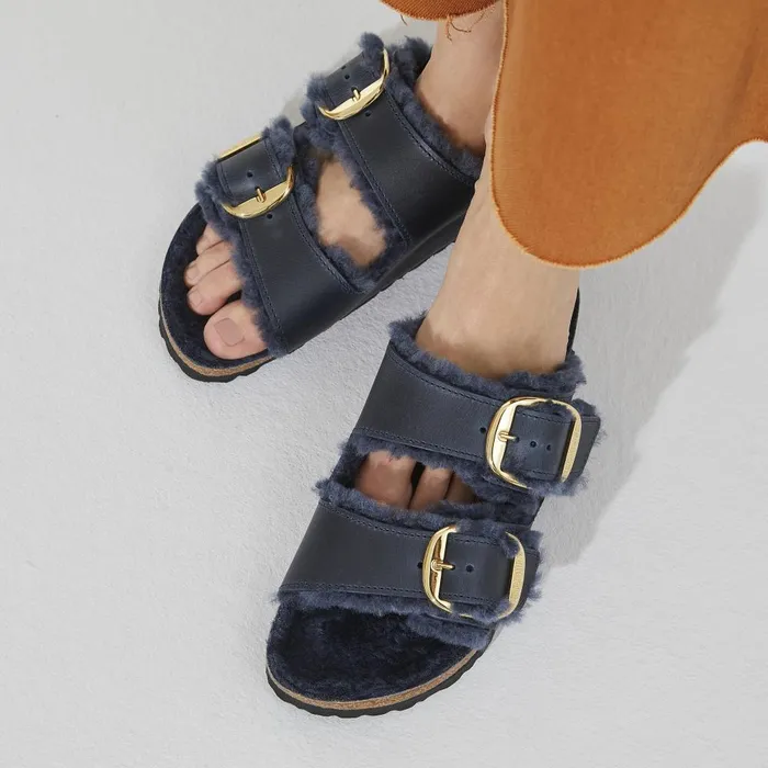 Women Birkenstock TwoStrap Arizona Big Buckle Shearling Midnight Blue