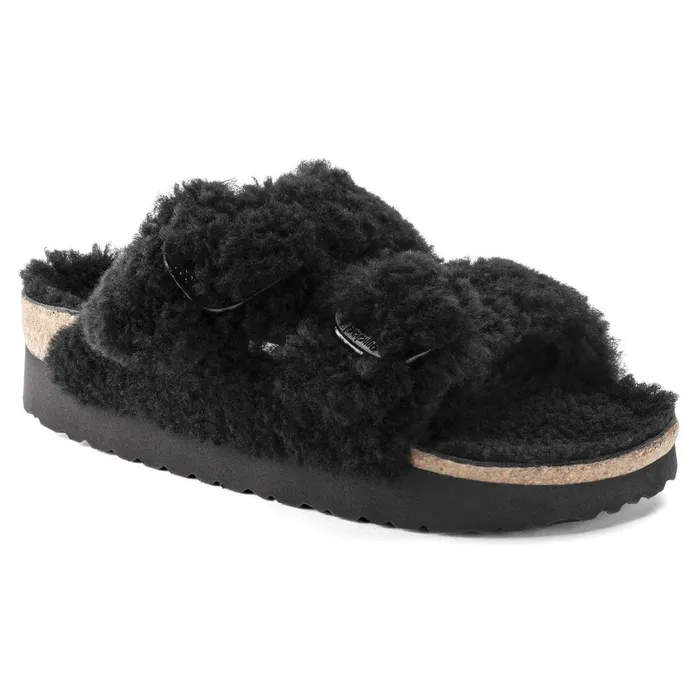 Women Birkenstock TwoStrap Arizona Big Buckle Shearling Teddy Black