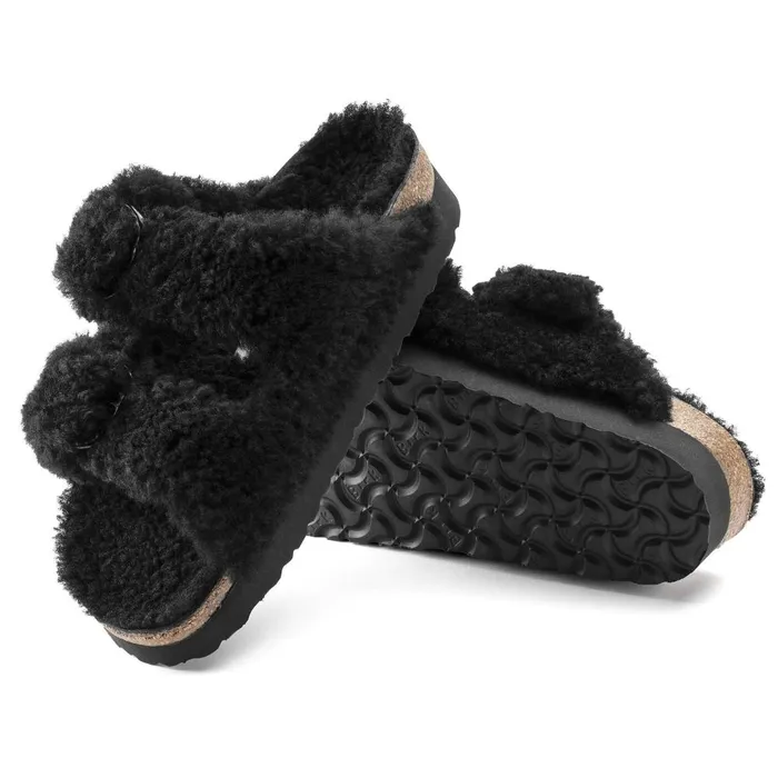 Women Birkenstock TwoStrap Arizona Big Buckle Shearling Teddy Black