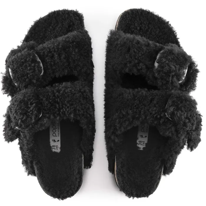 Women Birkenstock TwoStrap Arizona Big Buckle Shearling Teddy Black