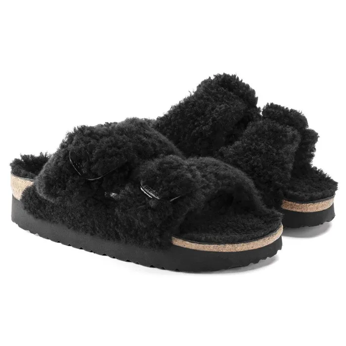 Women Birkenstock TwoStrap Arizona Big Buckle Shearling Teddy Black