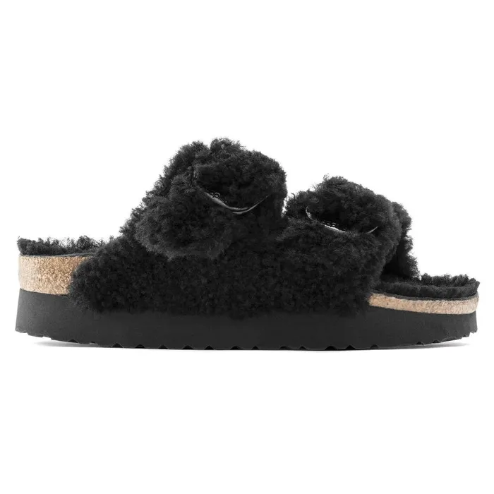 Women Birkenstock TwoStrap Arizona Big Buckle Shearling Teddy Black