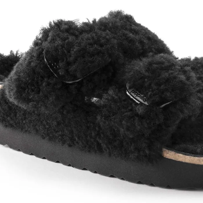 Women Birkenstock TwoStrap Arizona Big Buckle Shearling Teddy Black