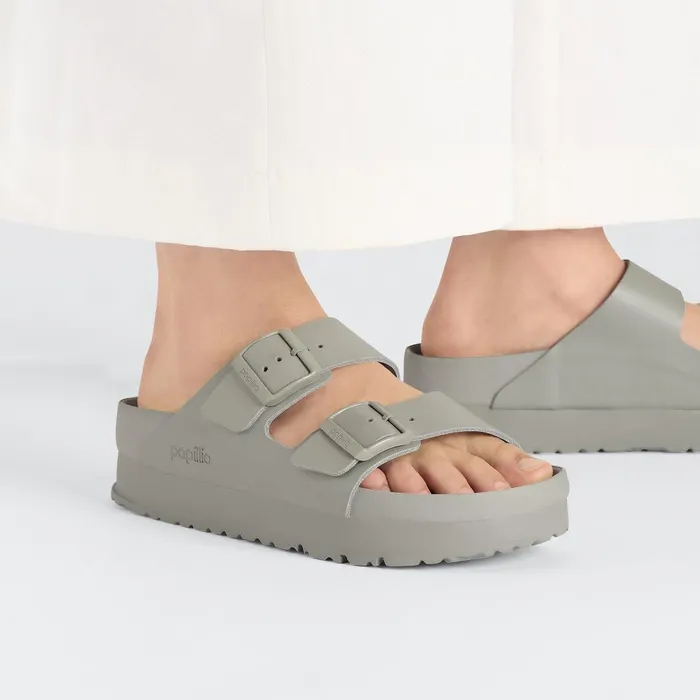 Women Birkenstock TwoStrap Arizona Flex Platform Mineral Gray