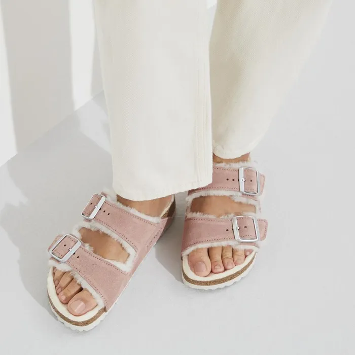 Women Birkenstock TwoStrap Arizona Shearling Pink Clay
