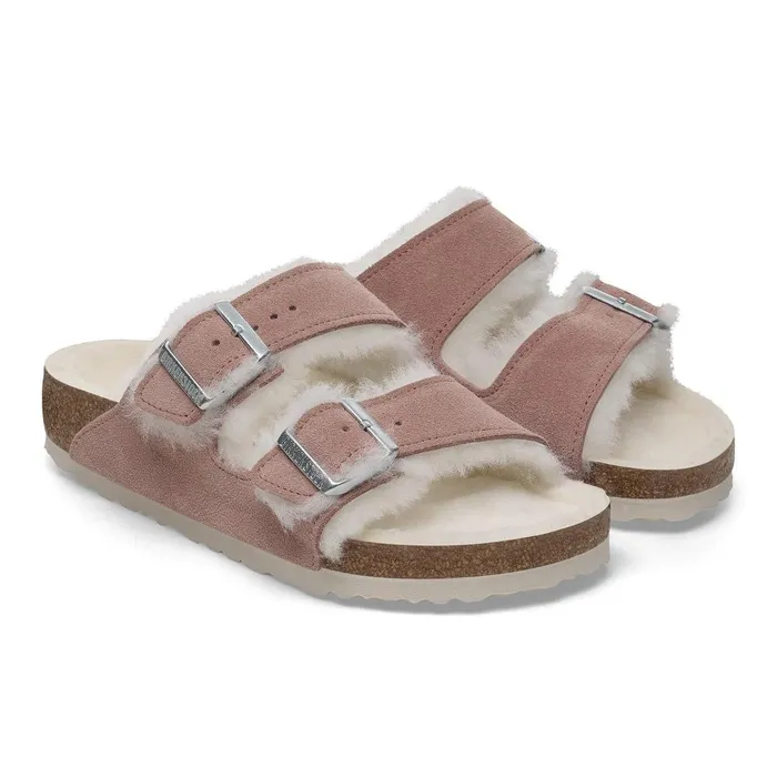 Women Birkenstock TwoStrap Arizona Shearling Pink Clay