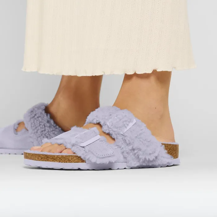 Women Birkenstock TwoStrap Arizona Teddy Split Purple Fog