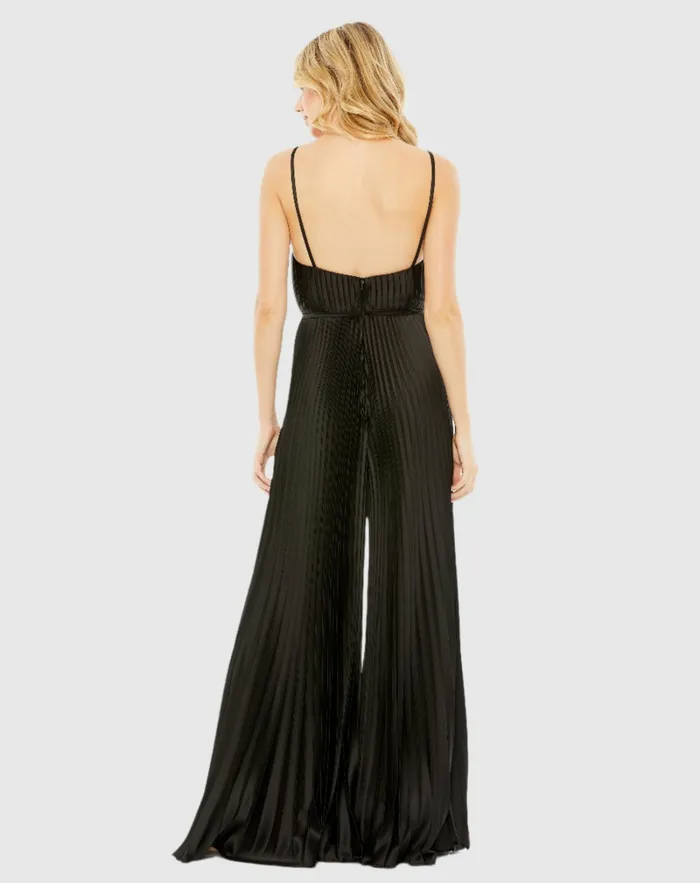Women Black Pleated Plunge Neck Wide Leg Jumpsuit Black Jumpsuits and Rompers Mac Duggal