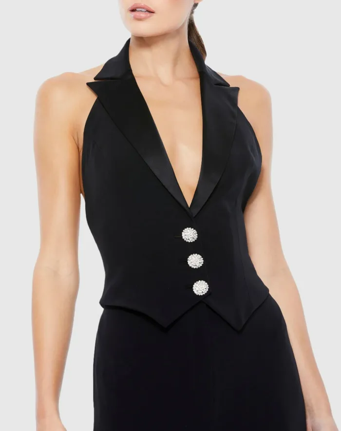 Women Black Tuxedo Halter Jumpsuit Jet Black Jumpsuits and Rompers Mac Duggal