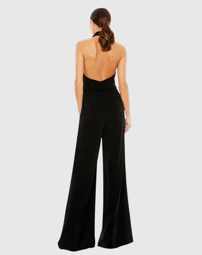 Women Black Tuxedo Halter Jumpsuit Jet Black Jumpsuits and Rompers Mac Duggal