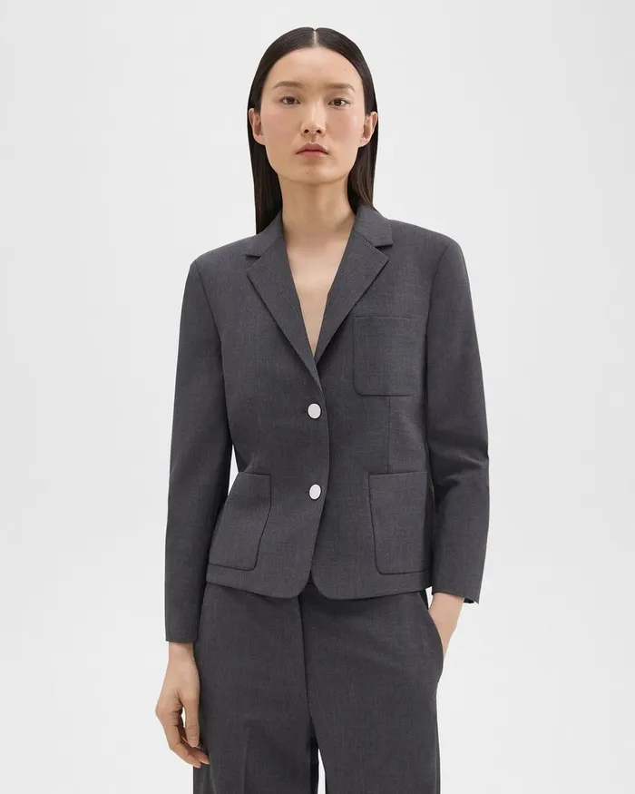 Women Blazers Jackets Theory Boxy Patch Pocket Blazer In Good Wool Charcoal Melange