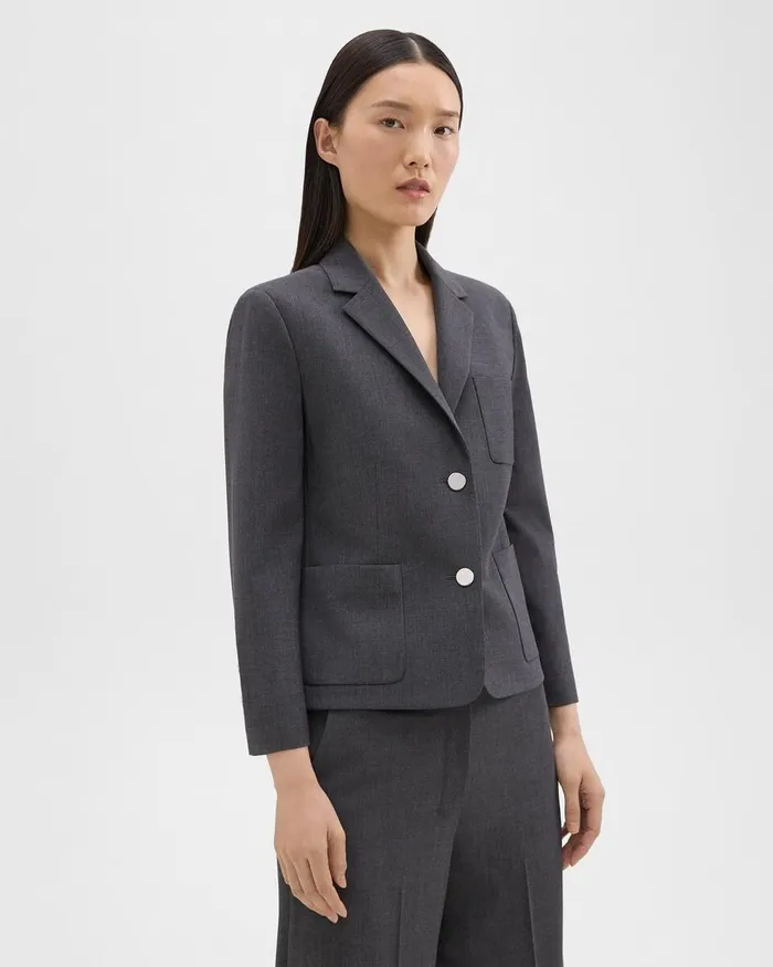 Women Blazers Jackets Theory Boxy Patch Pocket Blazer In Good Wool Charcoal Melange