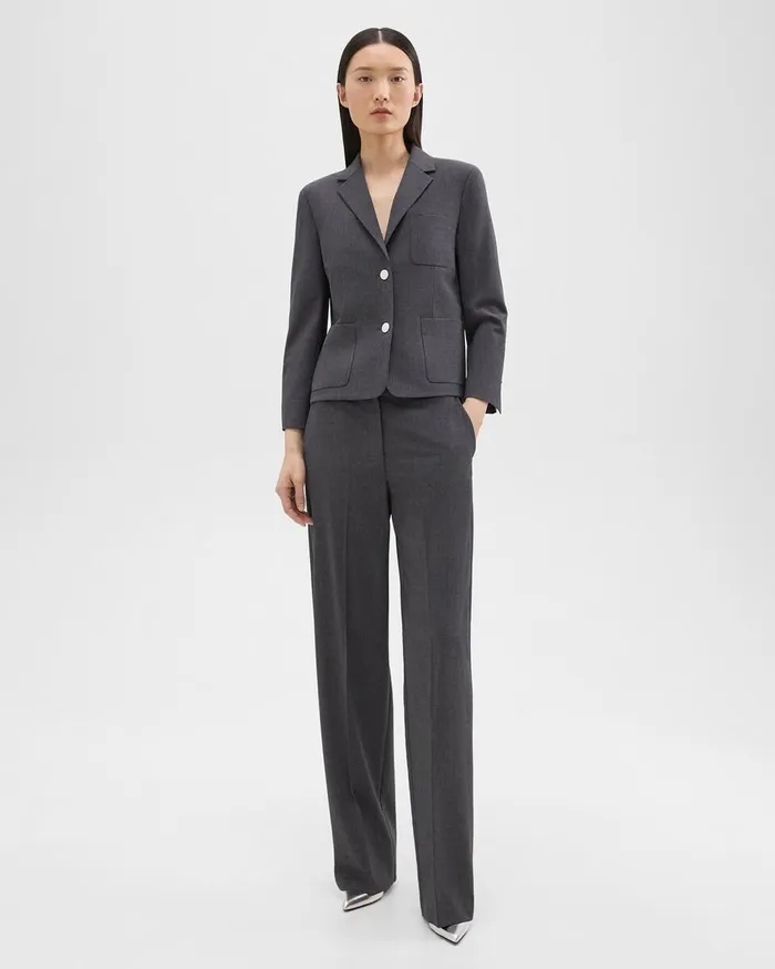 Women Blazers Jackets Theory Boxy Patch Pocket Blazer In Good Wool Charcoal Melange