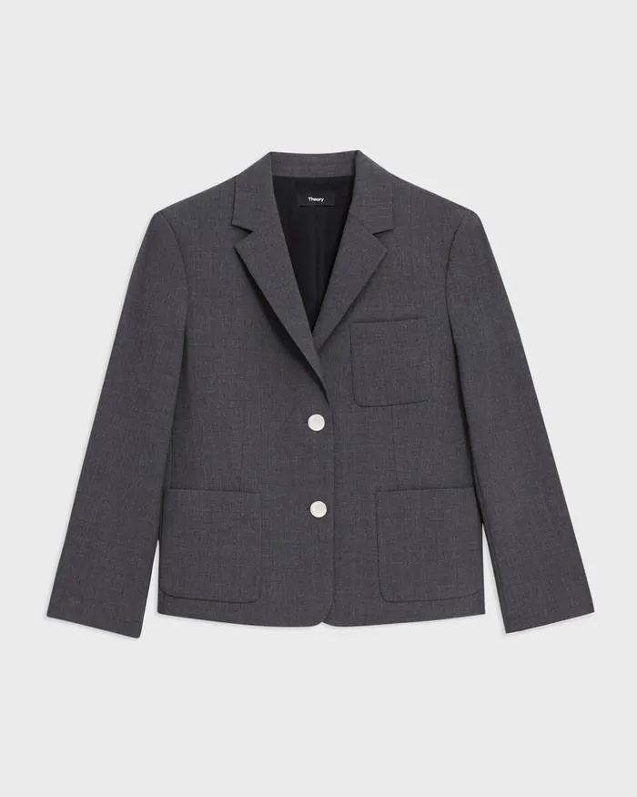 Women Blazers Jackets Theory Boxy Patch Pocket Blazer In Good Wool Charcoal Melange