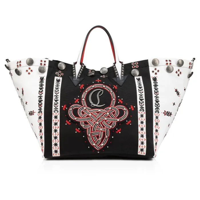 Women Breizcaba Large Tote Bag 8211 Fabric Calf Leather And Pontivity Embroidery 8211 Black Christian Louboutin Top Handles