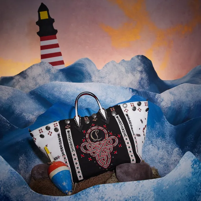 Women Breizcaba Large Tote Bag 8211 Fabric Calf Leather And Pontivity Embroidery 8211 Black Christian Louboutin Top Handles