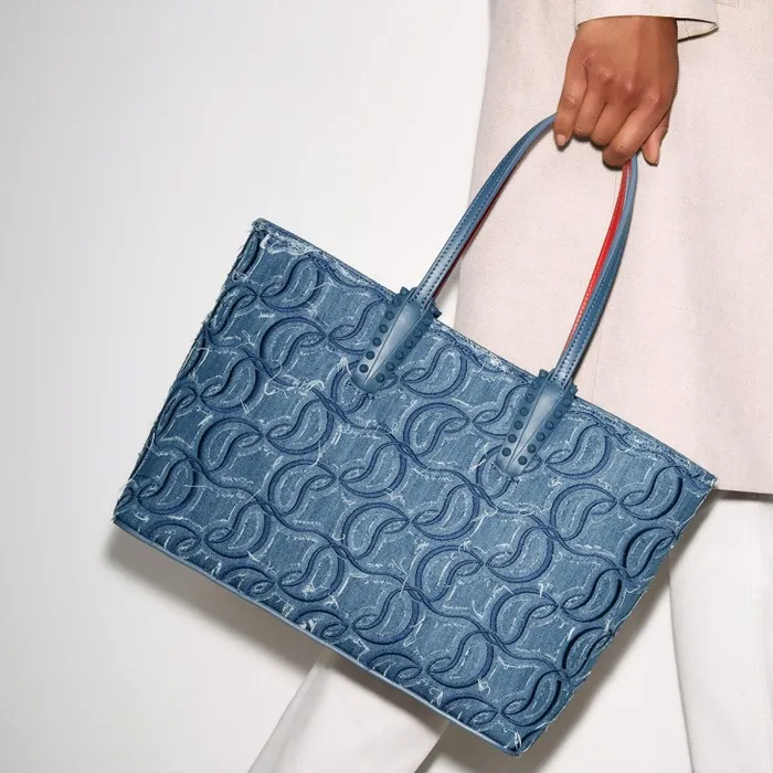 Women Cabata Small Tote Bag 8211 Denim Embroidered 8211 Blue Christian Louboutin Totes