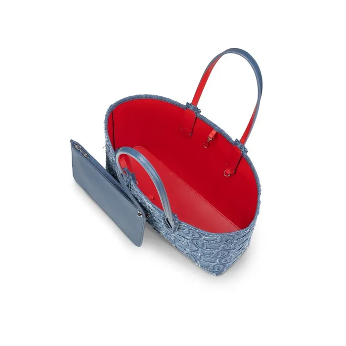 Women Cabata Small Tote Bag 8211 Denim Embroidered 8211 Blue Christian Louboutin Totes
