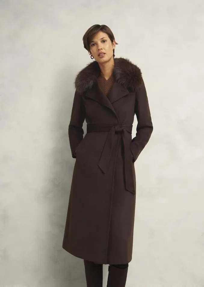 Women Coats and Jackets Hobbs Livia Wool Coat With Faux Fur Alder Brown