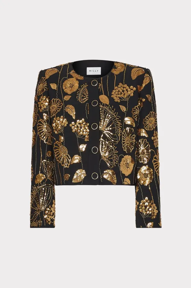 Women Coats and Jackets Milly Phoebe Floral Field Embroidered Jacket Goldblack