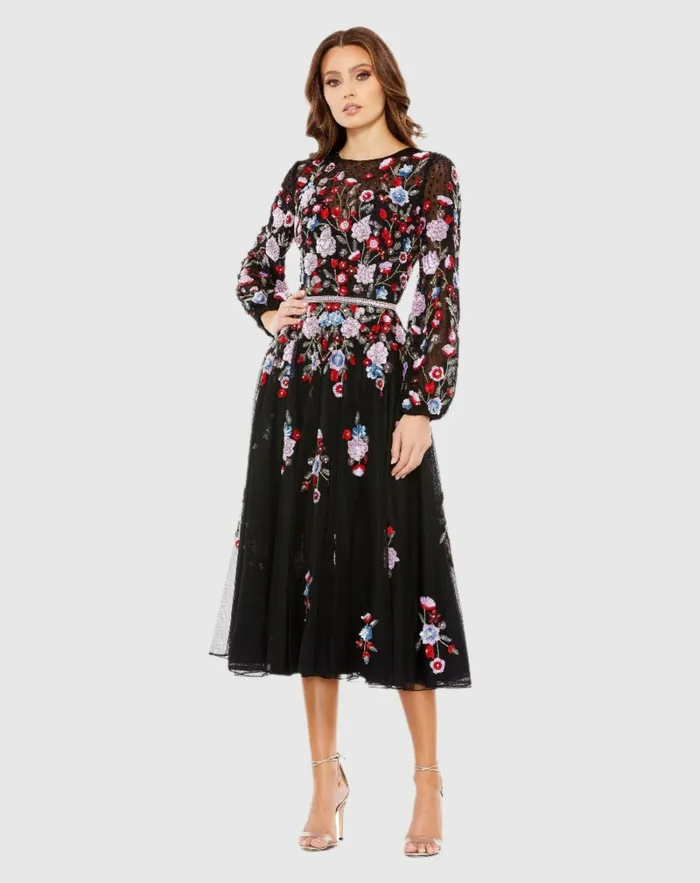 Women Cocktail Dresses Mac Duggal Sequined Floral High Neck Puff Sleeve Cocktail Dress Black Multi