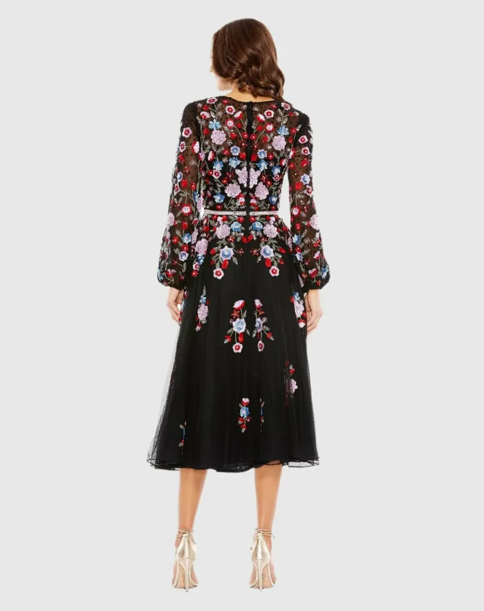 Women Cocktail Dresses Mac Duggal Sequined Floral High Neck Puff Sleeve Cocktail Dress Black Multi