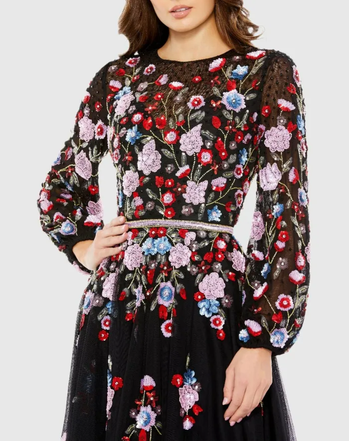 Women Cocktail Dresses Mac Duggal Sequined Floral High Neck Puff Sleeve Cocktail Dress Black Multi