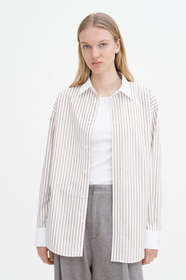 Women Cotton Tuxedo Shirt Light Brown Stripe Filippa K Shirts and Blouses