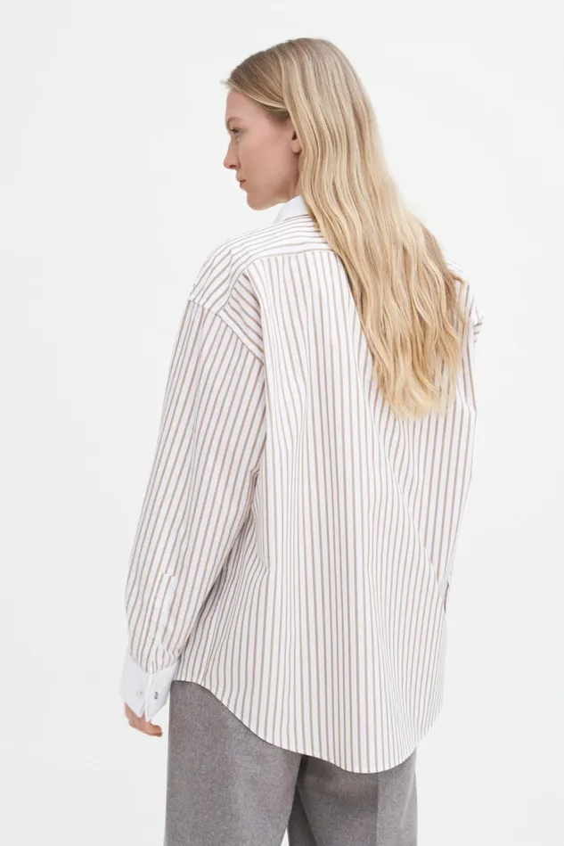Women Cotton Tuxedo Shirt Light Brown Stripe Filippa K Shirts and Blouses