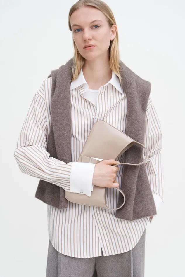 Women Cotton Tuxedo Shirt Light Brown Stripe Filippa K Shirts and Blouses