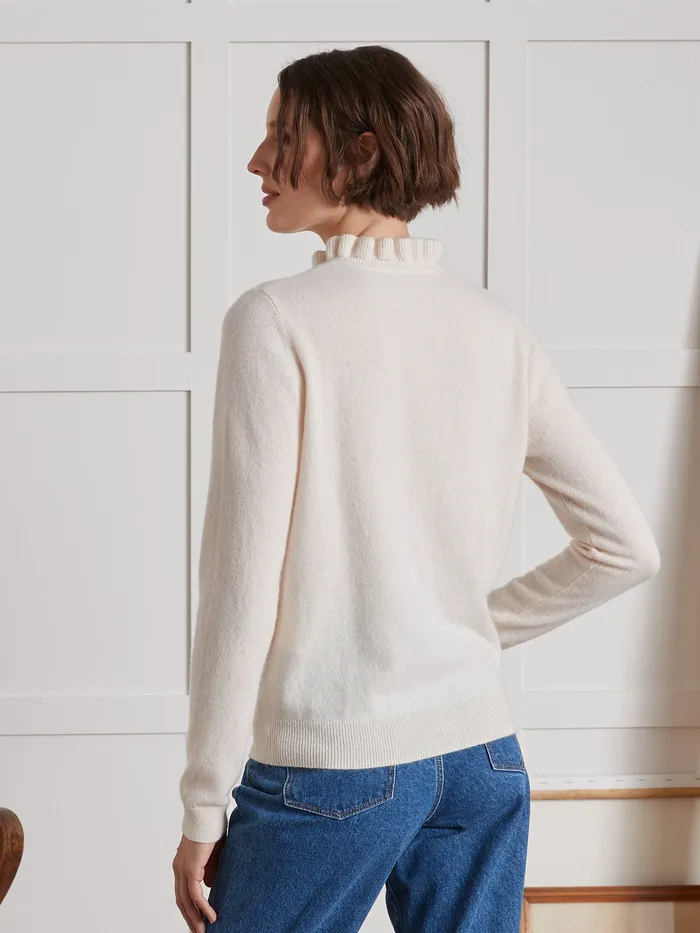Women Cyrillus Clothing Cardigan With Frilly Neckline 8211 The Cashmere Collection Craie