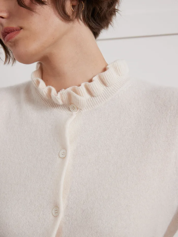 Women Cyrillus Clothing Cardigan With Frilly Neckline 8211 The Cashmere Collection Craie