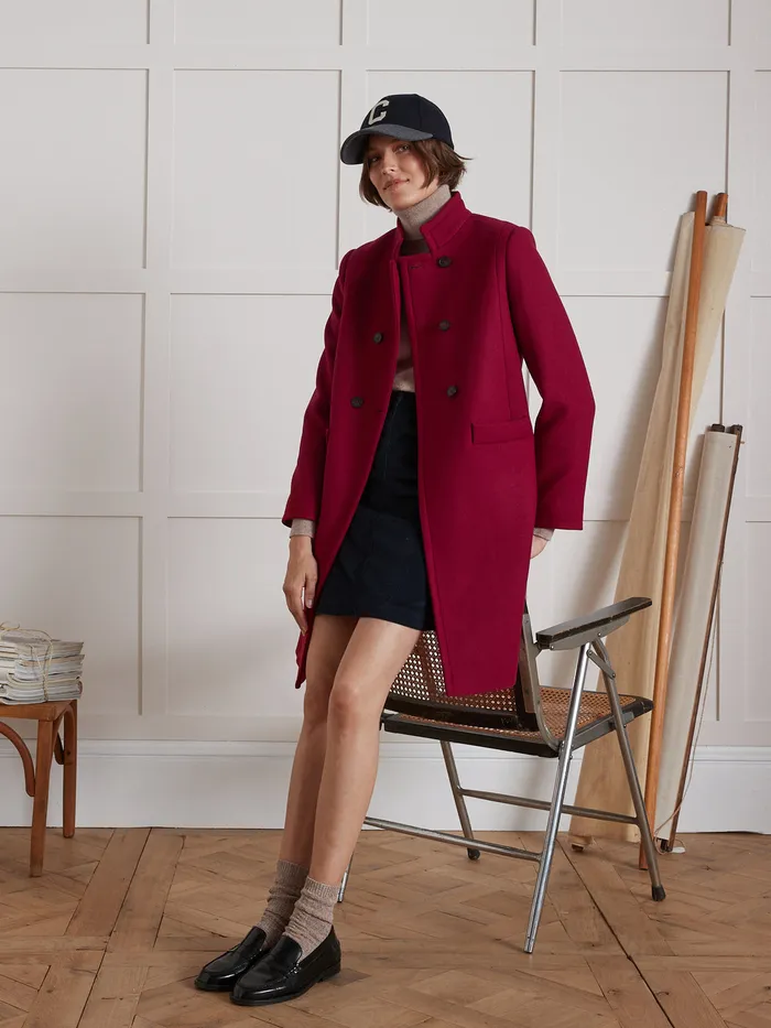 Women Cyrillus Clothing Plain Wool Cloth Coat With Retro Styling Rouge