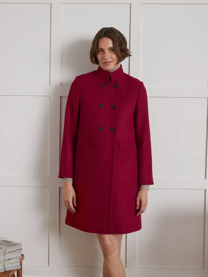 Women Cyrillus Clothing Plain Wool Cloth Coat With Retro Styling Rouge