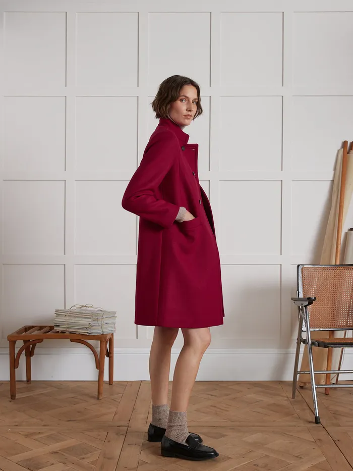 Women Cyrillus Clothing Plain Wool Cloth Coat With Retro Styling Rouge