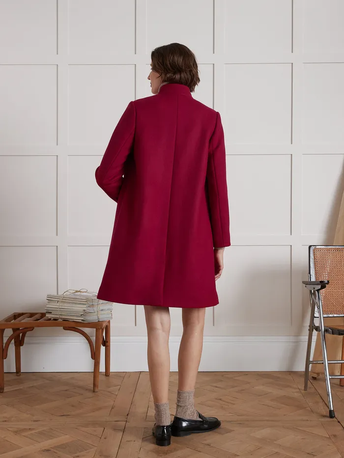 Women Cyrillus Clothing Plain Wool Cloth Coat With Retro Styling Rouge