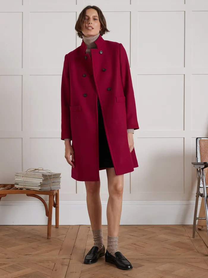 Women Cyrillus Clothing Plain Wool Cloth Coat With Retro Styling Rouge