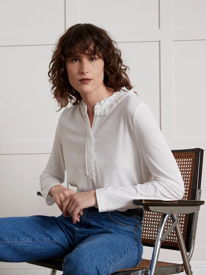 Women Cyrillus Clothing Ruffled Embroidered TShirt Blanc