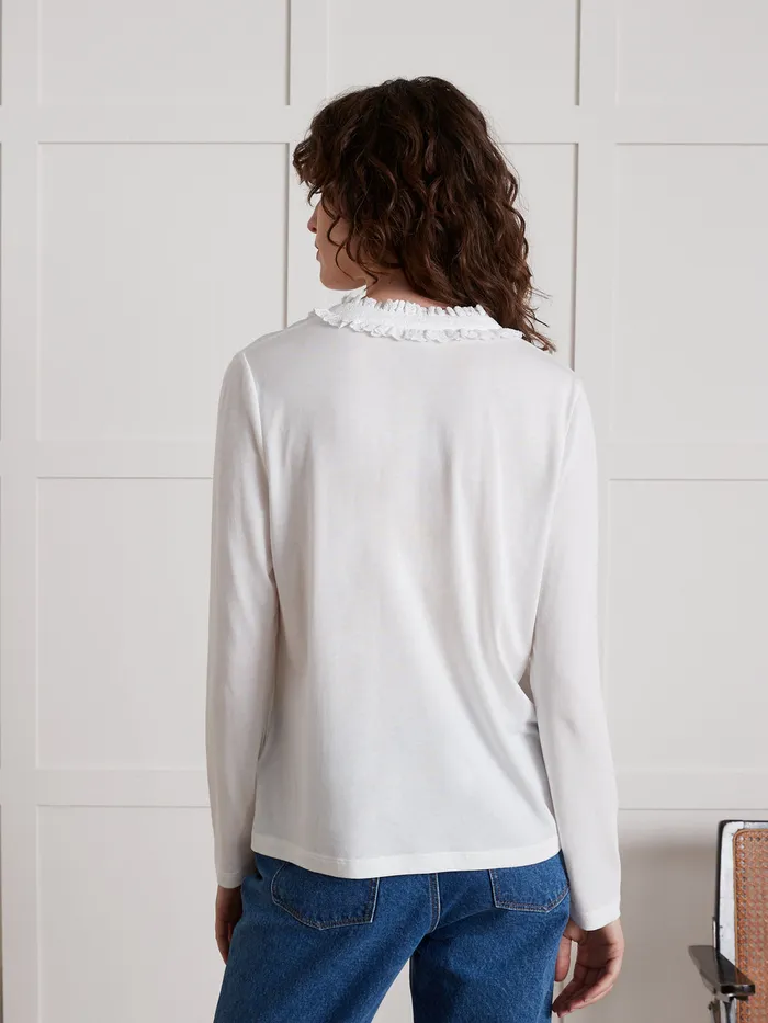 Women Cyrillus Clothing Ruffled Embroidered TShirt Blanc