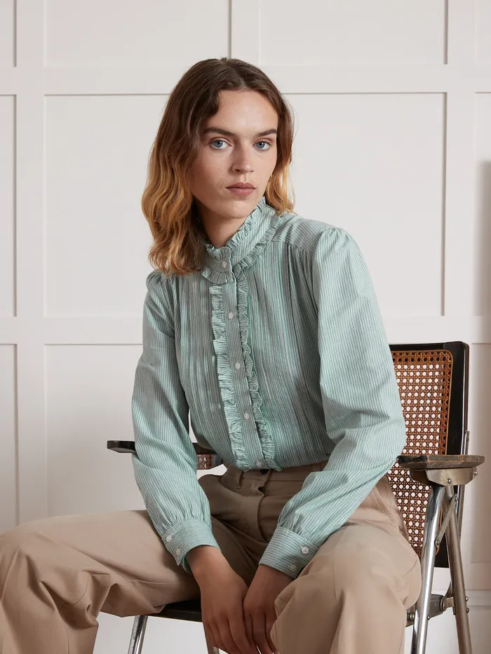 Women Cyrillus Clothing Striped Ruffled Shirt Rayure Verte
