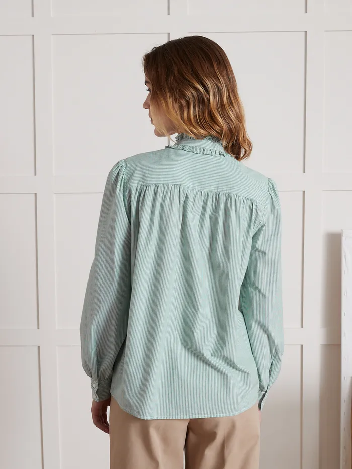 Women Cyrillus Clothing Striped Ruffled Shirt Rayure Verte