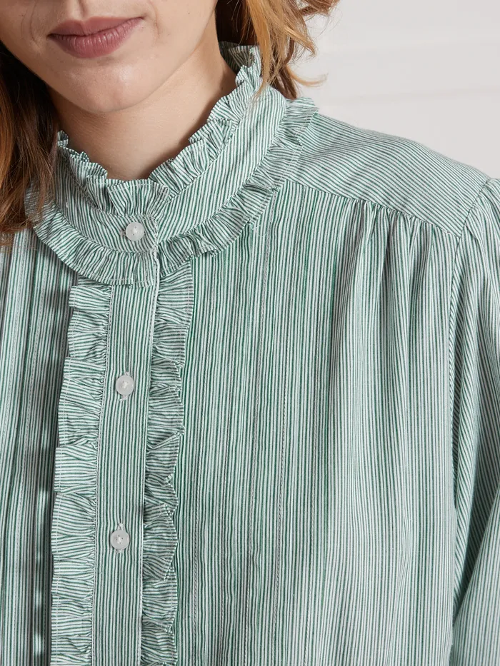 Women Cyrillus Clothing Striped Ruffled Shirt Rayure Verte