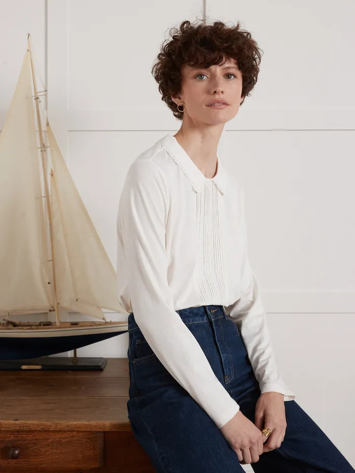 Women Cyrillus Clothing TShirt With Embroidered Peter Pan Collar Blanc