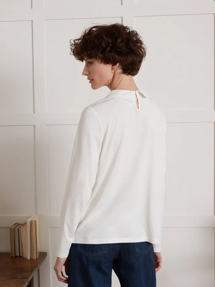 Women Cyrillus Clothing TShirt With Embroidered Peter Pan Collar Blanc