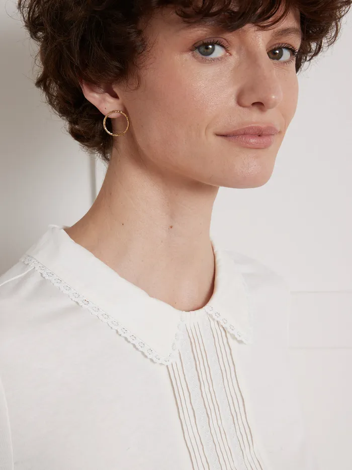 Women Cyrillus Clothing TShirt With Embroidered Peter Pan Collar Blanc