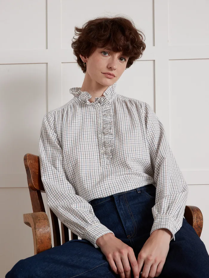Women Cyrillus Clothing Tattersall Check Cotton Blouse Carreaux Chocobleu