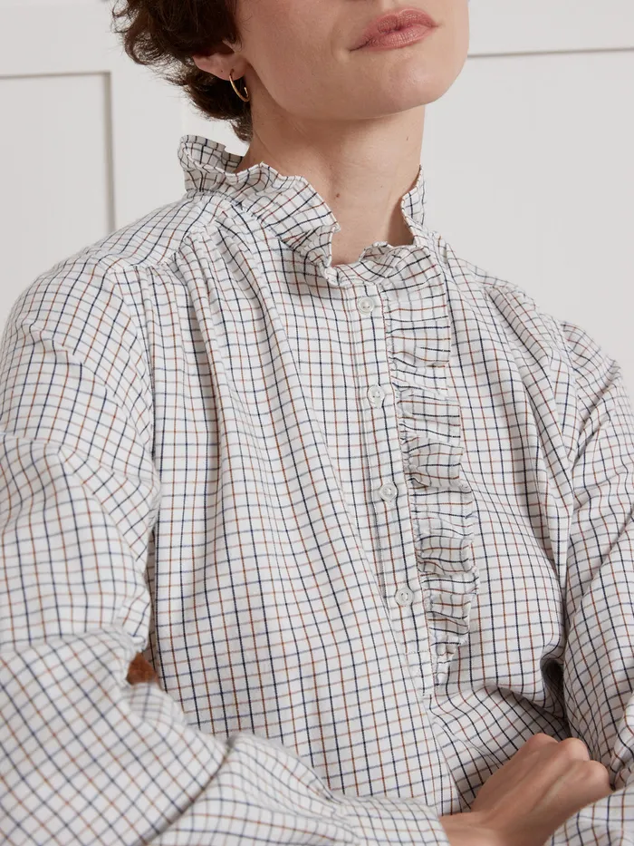Women Cyrillus Clothing Tattersall Check Cotton Blouse Carreaux Chocobleu
