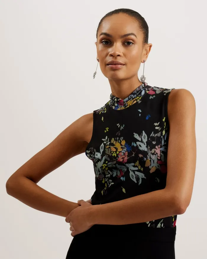 Women DELHIA 8211 Printed High Neck Sleeveless Mesh Top Black Ted Baker Tops and Blouses Women DELHIA 8211 Printed High Neck Sleeveless Mesh Top Black Ted Baker Tops and Blouses