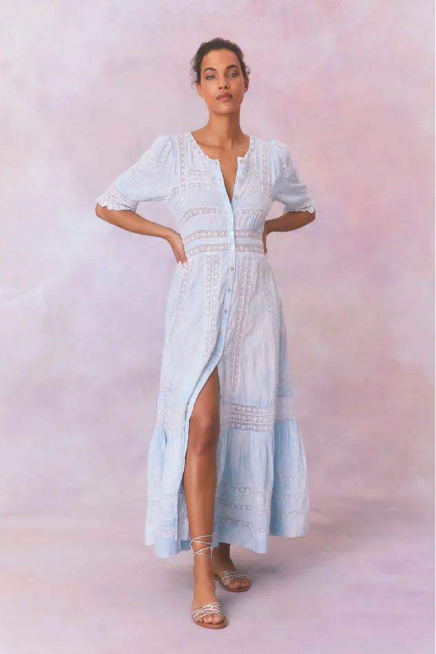 Women Dresses LoveShackFancy Minka Stripe Hand Dye Lace Maxi Dress Blue Hand Dye